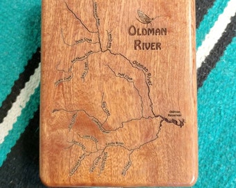 OLDMAN River Map Fly Box - Personalized, Custom Laser Engraved, Handcrafted Gift. Includes Name, Inscription, Art. Fly Fishing AB-CAN.