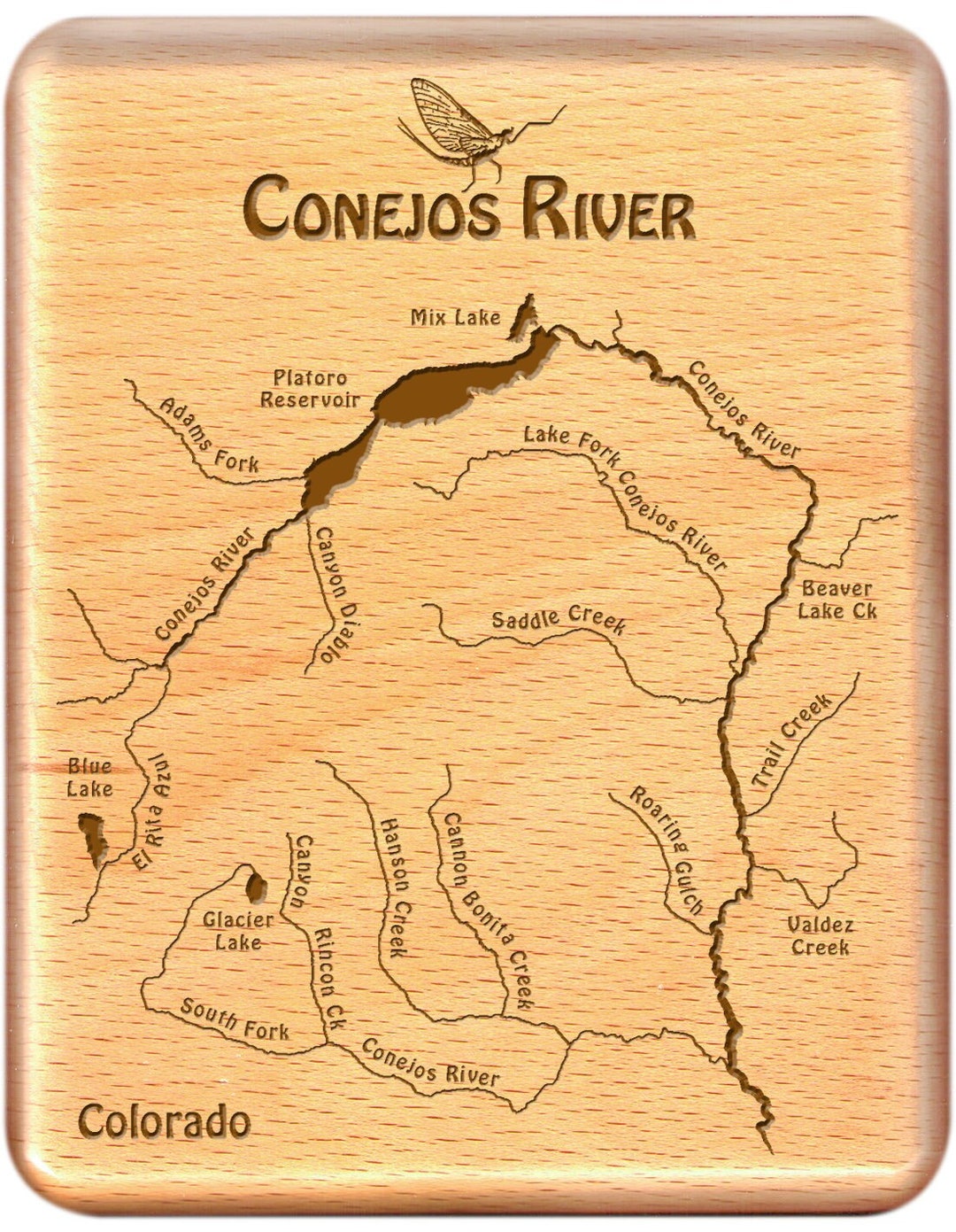 CONEJOS RIVER Map Fly Box Personalized, Handcrafted, Laser Engraved