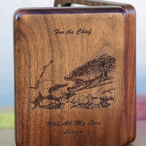 HANDCRAFTED FLY FISHING Box Personalized. Includes an Original Pre-Designed River Map, Name, Inscription,Art. Custom Laser Engraved Gift usa Walnut Wood