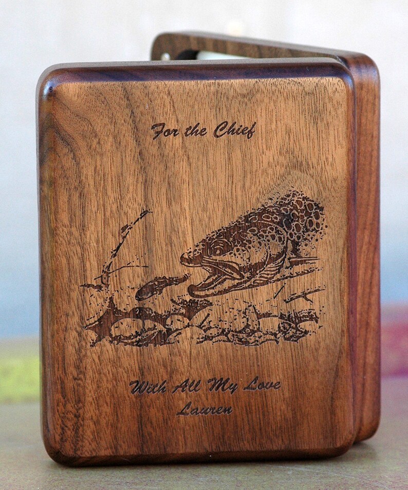 HANDCRAFTED FLY FISHING Box Personalized. Includes an Original Pre-Designed River Map, Name, Inscription,Art. Custom Laser Engraved Gift usa Walnut Wood