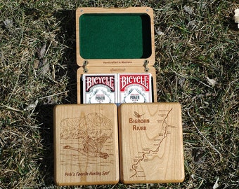 Playing CARD BOX - Personalized With Choice of Pre-designed River Map, Name, Inscription, Artwork. Custom Engraved, Felt Lined. Made in MT