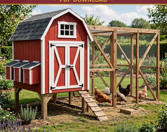 May include: DIY CHICKEN COOP PLANS PDF DOWNLOAD. A red wooden chicken coop with a dark shingled roof, white trim, double doors, and three nesting boxes. A wooden ramp leads to an attached outdoor run enclosed with wire mesh and chickens.