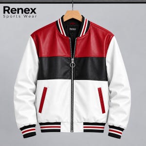 Puede incluir: Una chaqueta tipo bomber con bloques de color rojo, negro y blanco. La prenda cuenta con una cremallera plateada de longitud completa con un tirador circular, además de cuello, puños y dobladillo acanalados con rayas rojas y blancas.