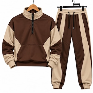 May include: A two-piece matching set consisting of a long-sleeve quarter-zip pullover and joggers. The pullover features a brown body with beige side panels and a high collar. The joggers have a matching brown and beige vertical color-block design.