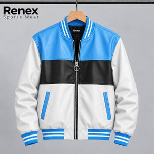 Peut inclure: Un blouson style bomber à blocs de couleurs bleu, noir et blanc. Il présente une fermeture éclair argentée intégrale avec une tirette circulaire, un col, des poignets et un ourlet côtelés à rayures blanches, avec le texte Renex Sports Wear.