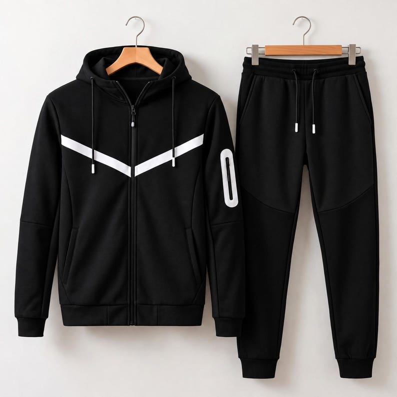 Men's Heavyweight Cotton Fleece Tracksuit, Black Blue Colorblock Hoodie ...