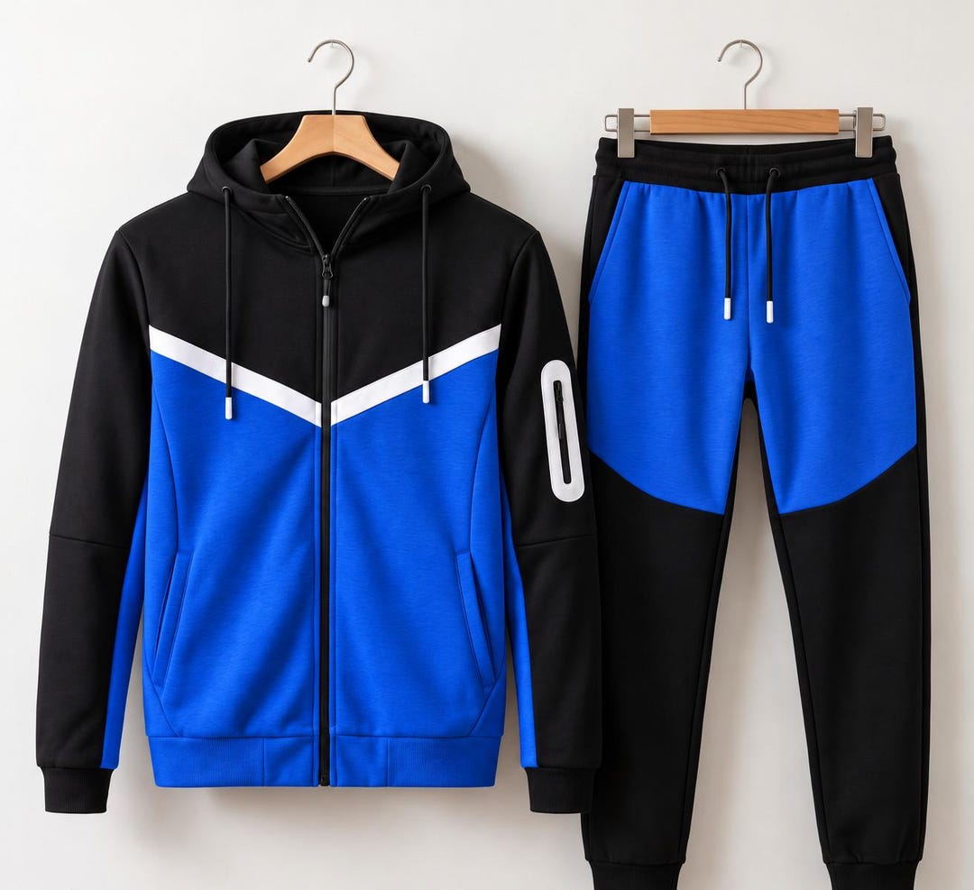 Men's Heavyweight Cotton Fleece Tracksuit, Black Blue Colorblock Hoodie ...