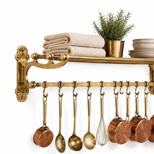 Handmade Antique Brass Pot Rack, Rustic Ceiling Kitchen Rail with Hooks, Farmhouse Kitchen Organizer, Hanging Pan Rack, Kitchen Decor