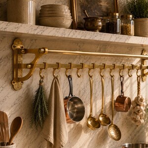 Antique Brass Pot Rack, Rustic Ceiling Kitchen Rail with Hooks, Handmade Farmhouse Hanging Pan Organizer, Kitchen Decor and Storage