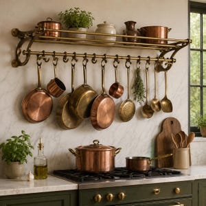 Handmade Antique Brass Pot Rack, Rustic Ceiling Kitchen Rail with Hooks, Hanging Pan Rack, Farmhouse Kitchen Decor Kitchen Organizer