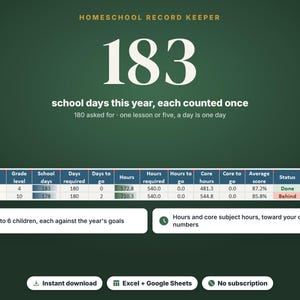 ホームスクーリング計画表（出席状況、成績、成績証明書）（Excel/Googleスプレッドシート）