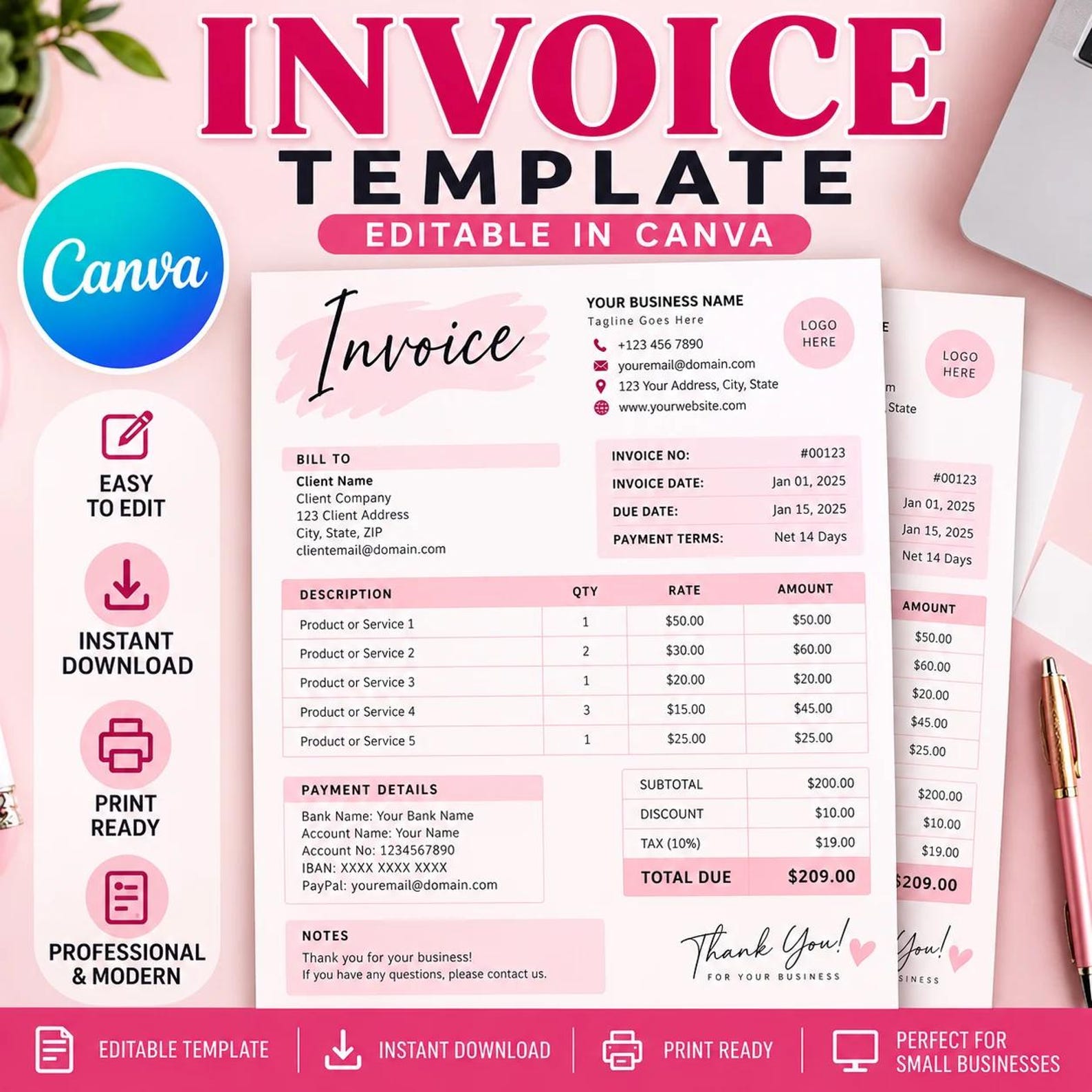 Simple Invoice Template, Minimalist Editable Business Invoice, Instant ...