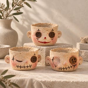 Creepy Cute Clay Face Planter, Handmade Ceramic Pot, Button Eye Flower Pot, Gothic Home Decor, Unique Halloween Gift, Whimsical Plant Pot