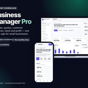 Pode incluir: Software Business Manager Pro exibido na tela de um laptop e de um smartphone. A interface apresenta um tema claro e escuro com dados financeiros, incluindo faturas, orçamentos, saldos de clientes, estoque e lucros.