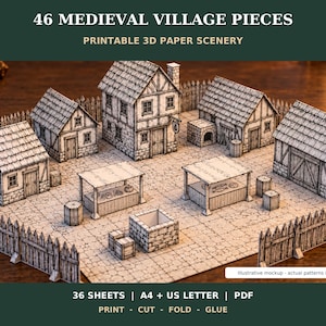 May include: A set of 46 printable 3D paper medieval village pieces featuring houses, market stalls, and a fence. The text reads 46 MEDIEVAL VILLAGE PIECES, PRINTABLE 3D PAPER SCENERY, 36 SHEETS | A4 + US LETTER | PDF, PRINT - CUT - FOLD - GLUE.