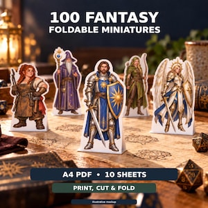 May include: A set of 100 fantasy foldable miniatures featuring various character illustrations including a blacksmith, wizard, knight, archer, and angel. The text reads 100 FANTASY FOLDABLE MINIATURES, A4 PDF, 10 SHEETS, PRINT, CUT & FOLD.