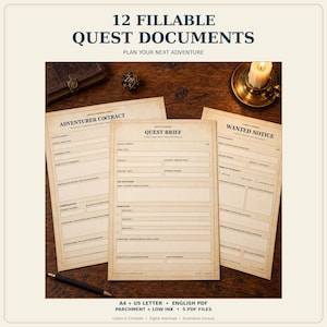 Könnte beinhalten: Zwölf ausfüllbare Quest-Dokumente auf pergamentartigem Papier, darunter ein Abenteurervertrag, ein Quest-Briefing und ein Steckbrief. Die Formulare enthalten Felder für Quest-Details, Ziele und Belohnungen für Rollenspiele.
