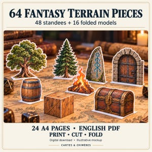 May include: A set of 64 fantasy terrain pieces including 48 standees and 16 folded models. The collection features illustrations of a tree, pine, stone monolith, stone archway, wooden barrel, campfire, wooden crate, and a treasure chest.