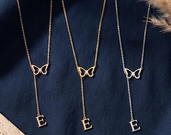 Colar com inicial de borboleta personalizada, colar em Y em ouro 14K, joia delicada de borboleta, colar tipo laço com letra personalizada, presentes de Natal