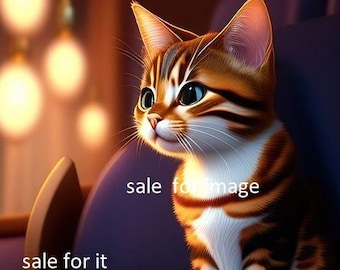 Könnte beinhalten: Eine braun-schwarz getigerte Katze mit weißen Abzeichen an Brust und Pfoten, die aufrecht sitzt. Das Bild enthält den Text "sale for image" und "sale for it copyrighted photoshop", der über der Katze und dem dunkelvioletten Sitz liegt.