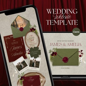 May include: A digital wedding website template displayed on a smartphone and laptop screen. The design features olive green envelopes with red wax seals, deep red cards with gold text, floral accents, and photos of a couple. Text includes James & Amelia.