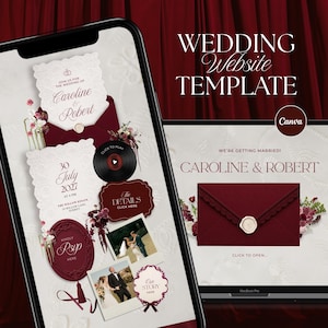 May include: A digital wedding website template displayed on a smartphone and laptop screen, featuring deep burgundy and white color schemes, ornate lace-style borders, wax seal graphics, floral accents, and text including Caroline and Robert.