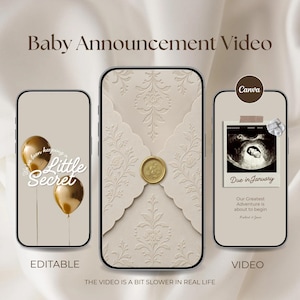 Pode incluir: Três smartphones exibindo um modelo de vídeo de anúncio de bebê. A tela esquerda mostra dois balões dourados e o texto We've been keeping a Little Secret. A tela central mostra um envelope em relevo com um selo de cera dourado. A tela direita mostra uma ultrassonografia com o texto Due in January e Our Greatest Adventure is about to begin.