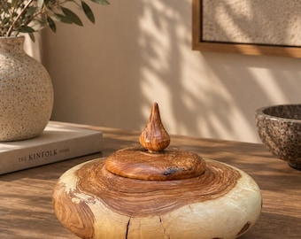Olive Wood Lidded Trinket Bowl, Handmade Ring Holder, Rustic Home Decor, Unique Gift
