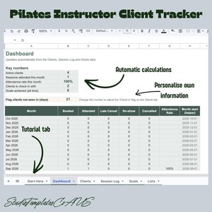 Könnte beinhalten: Ein digitales Pilates-Instruktor-Klienten-Tracker-Tabellenblatt-Dashboard. Es enthält einen Bereich für Kennzahlen, automatische Berechnungen und eine monatliche Anwesenheitstabelle. Die Reiter umfassen Start Here, Dashboard, Clients, Session Log, Goals und Lists.