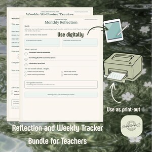 Op de afbeelding: Een documentenbundel met een wekelijkse welzijnstracker en maandelijkse reflectie, voorzien van secties voor dankbaarheid, intenties en observaties. Het ontwerp bevat tekstprompts, selectievakjes en iconen voor digitaal of geprint gebruik.