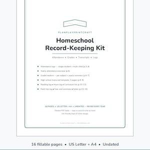 May include: A Homeschool Record-Keeping Kit document featuring a black and white design with a chevron icon. It includes attendance logs, grade trackers, transcripts, and reading logs across 16 pages. The text specifies US Letter and A4 sizes.