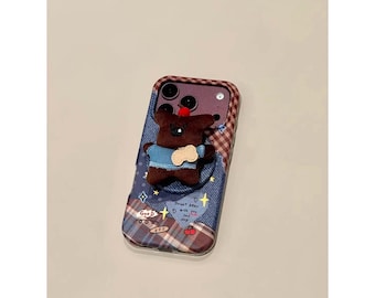 Designer Denim Blue Phone Case with Brown Plaid, Starburst & Cherry Details, Compatible with iPhone