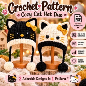 May include: A digital crochet pattern for a cozy cat hat duo featuring two hats with cat ears, yellow bows, whiskers, and dangling pom-poms. One hat is black with a cream brim, and the other is cream with a black brim. Text includes Crochet Pattern Cozy Cat Hat Duo and 2 Adorable Designs in 1 Pattern.