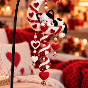 Könnte beinhalten: Ein gehäkeltes Ornament in Form einer weißen Mondsichel mit roten Herzen, auf der eine schwarz-weiße Katze schläft. Oben befindet sich eine rote Schleife, und darunter hängt ein spiralförmiger Schweif mit roten und weißen Herzen sowie Goldglöckchen.