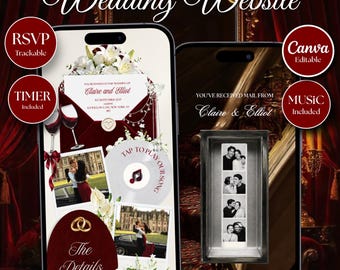 May include: Two smartphones display a burgundy and ivory wedding website template. The screens feature text including "Claire and Elliot," "The Details," "Kindly RSVP," and "Tap to Play Our Song," alongside photos, wine glasses, and a film strip.