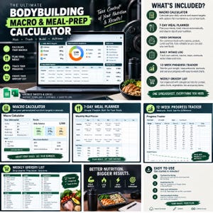 Puede incluir: Una hoja de cálculo digital de macros y preparación de comidas para culturismo, compatible con Google Sheets y Excel. Incluye calculadora de macros, planificador de comidas de 7 días, base de datos de alimentos, registro diario y seguimiento.