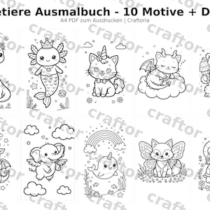 Könnte beinhalten: Ein digitales Ausmalbuch-Set mit dem Titel Fantasietiere Ausmalbuch - 10 Motive + Deckblatt A4 PDF zum Ausdrucken | Craftoria. Es enthält zehn schwarz-weiße Strichzeichnungen von Fantasietieren, darunter ein Dinosaurier, ein Meerjungfrauen-Axolotl, eine Einhorn-Katze, ein Drache, ein Yeti, ein geflügelter Drache, ein fliegender Elefant, ein Narwal, ein Feen-Fuchs und eine Schnecken-Schildkröte.