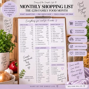 May include: A monthly shopping list on a clipboard titled The &pound;250 Family Food Month, featuring categorized grocery items with quantities for a family of four. The document includes sections for fruit, vegetables, meat, dairy, and pantry staples.