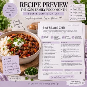 May include: A printed recipe card for Beef & Lentil Chilli featuring a list of ingredients and cooking methods, displayed next to a ceramic bowl filled with a hearty chilli topped with sour cream and cilantro, served alongside white rice.