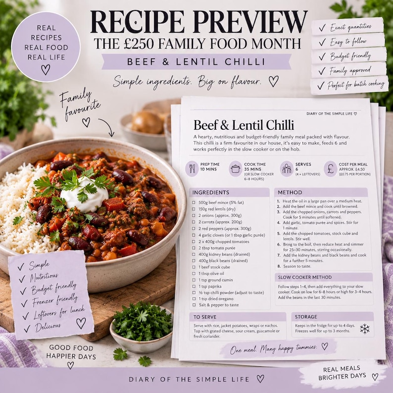 May include: A printed recipe card for Beef & Lentil Chilli featuring a list of ingredients and cooking methods, displayed next to a ceramic bowl filled with a hearty chilli topped with sour cream and cilantro, served alongside white rice.
