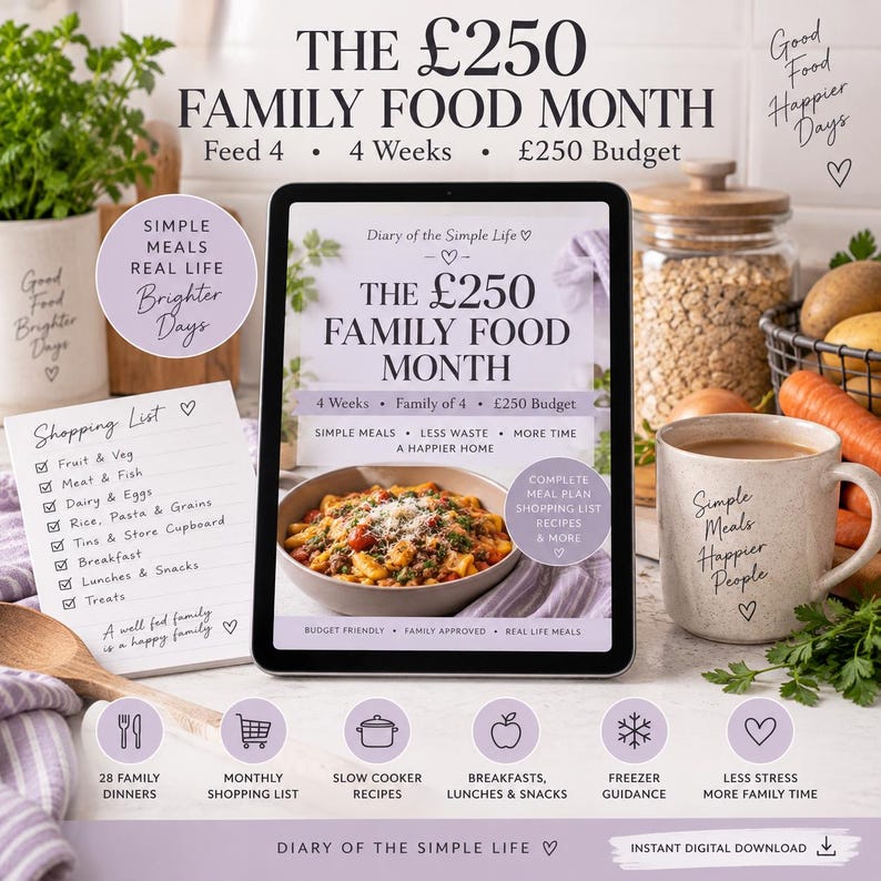 May include: A digital tablet displays a meal plan titled The &pound;250 Family Food Month, featuring a bowl of pasta. Beside it sits a shopping list notepad, a speckled mug with text, and a glass jar of grains. The screen includes text about 4 weeks, a family of 4, and a &pound;250 budget, with icons for recipes and meal planning.