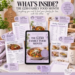 May include: A digital tablet displaying the cover of The &pound;250 Family Food Month, surrounded by printed meal planning sheets, a 4-week meal plan, a monthly shopping list, recipe cards for beef and lentil chili, and lunch ideas with text.