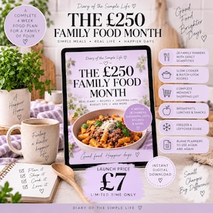 May include: A digital tablet displays the cover of a meal planning guide titled The &pound;250 Family Food Month, featuring a bowl of pasta. The image includes text detailing a 4-week food plan, shopping lists, recipes, and budget tips for families.