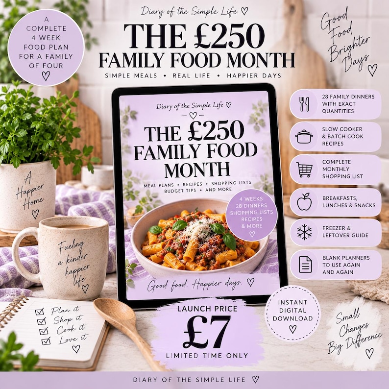 May include: A digital tablet displays the cover of a meal planning guide titled The &pound;250 Family Food Month, featuring a bowl of pasta. The image includes text detailing a 4-week food plan, shopping lists, recipes, and budget tips for families.