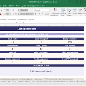 Könnte beinhalten: Eine digitale Tabellenkalkulation mit dem Titel Seating Dashboard für einen Sitzplan und Kapazitäts-Tracker. Die Benutzeroberfläche zeigt Datentabellen mit Metriken wie bestätigten Gästen, Gesamtkapazität und nächsten Handlungsschritten.