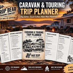 May include: A digital caravan and touring trip planner featuring checklists for tow vehicles, hitching, weights, and campsite setup. The cover displays a koala illustration, the text Drop Bear Trading Company, and a landscape scene with a caravan.