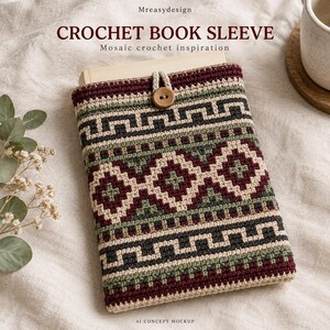 May include: A rectangular crochet book sleeve featuring a geometric mosaic pattern in shades of burgundy, sage green, cream, and dark charcoal. The sleeve includes a single wooden button closure at the top centre and contains a book inside.