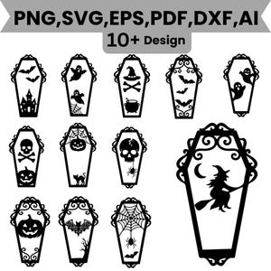 May include: A collection of black coffin-shaped silhouettes featuring various Halloween-themed cutouts including ghosts, skulls, pumpkins, bats, spiders, and a witch on a broomstick. The text PNG, SVG, EPS, PDF, DXF, AI 10+ Design is displayed at the top.