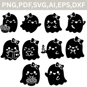 May include: A collection of ten black ghost silhouettes, each wearing a bow with a small skull icon. The ghosts are depicted in various poses, including holding flowers, reading a book, holding a heart, and holding a candle. Text reads: PNG, PDF, SVG, AI, EPS, DXF.