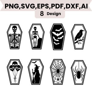 May include: A digital collection of 8 coffin-shaped designs in black and white, featuring silhouettes of a skeleton, bats, a raven, skull balloons, a witch, a spider web, and a spider. The text PNG, SVG, EPS, PDF, DXF, AI 8 Design is visible.